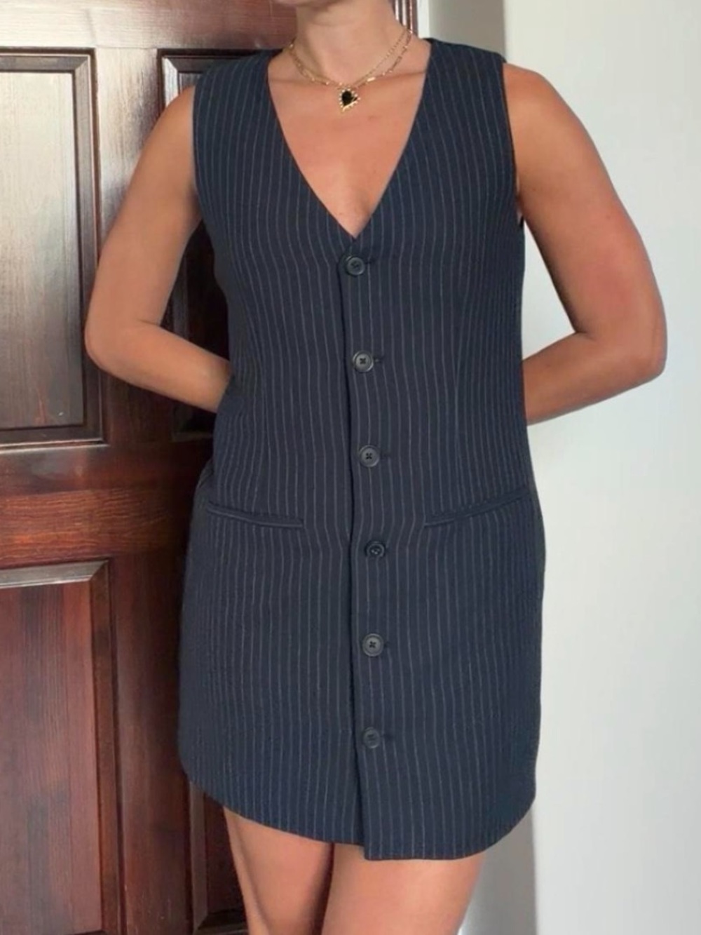 Abercrombie Mara Sleeveless Pinstripe Button-Front Mini Dress - Navy